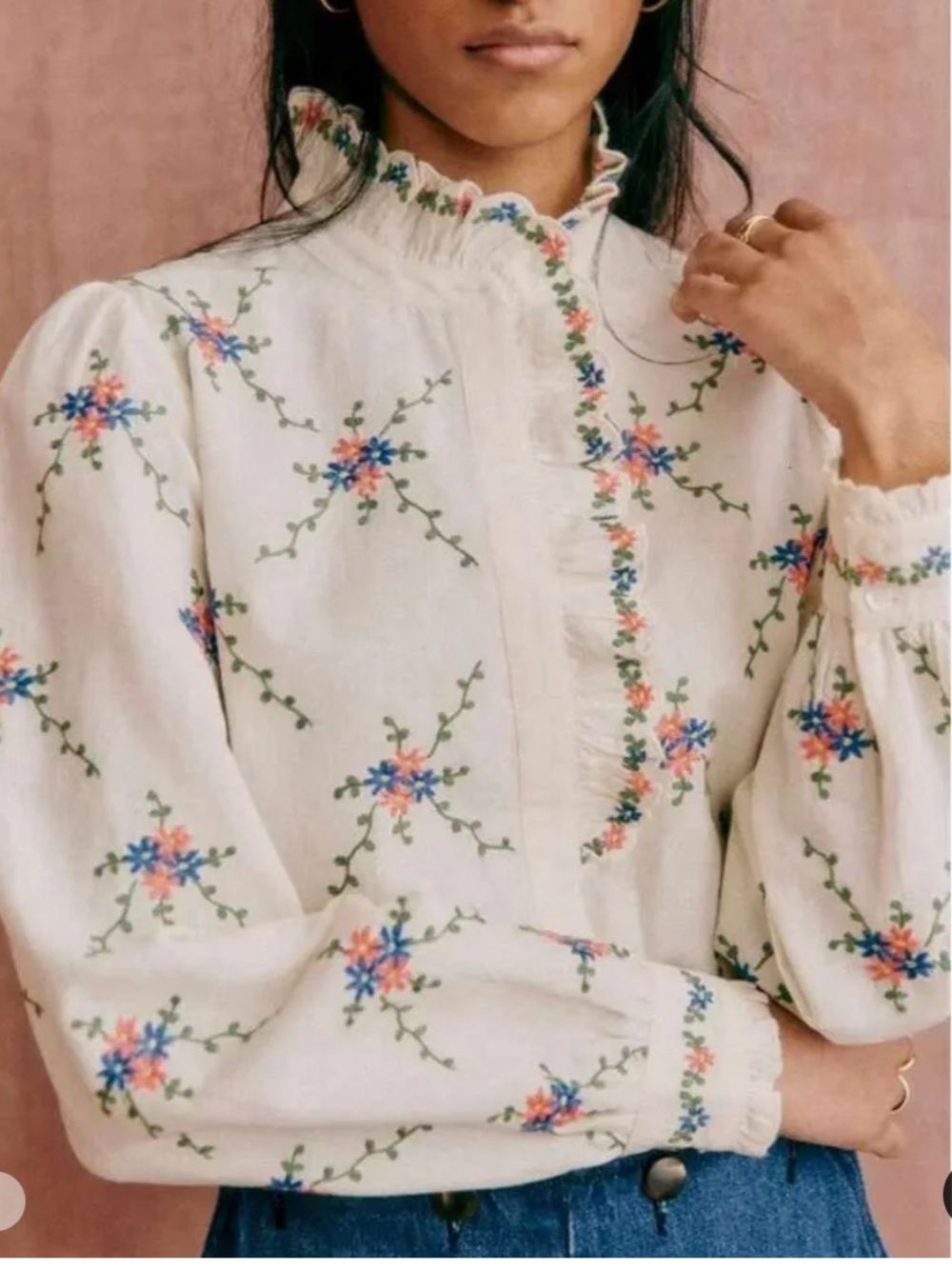 Sezane Cream Floral Embroidered Ruffle Collar Blouse